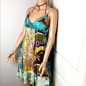 Derek Heart Hippie Green Blue Brown Teal 100% Cotton Babydoll Peplum Dress Tunic